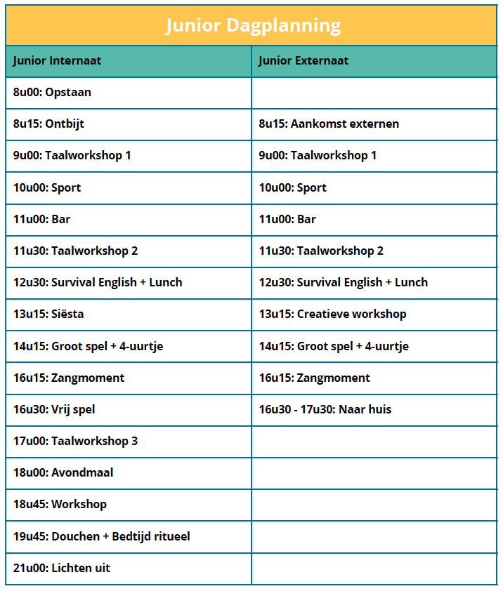 Dagplanning taalkamp Junior Frans of Engels